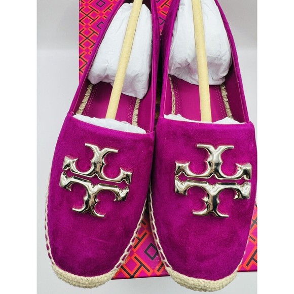 Tory Burch Shoes - Tory Burch Eleanor Espadrille Flat Suede Gold Logo Fuchsia Size 6 New in box